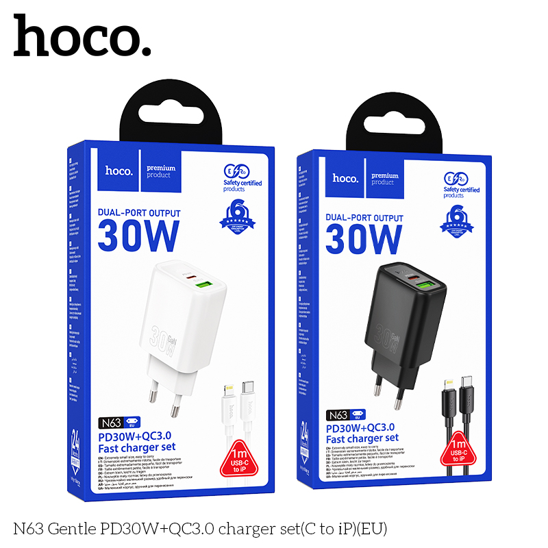 Bộ sạc Hoco N63 EU (c-l) (Cóc 2 cổng: 1 cổng usbA+1 cổng Type C, cáp Type C ra Lightning iPhone; c-l)Gentle PD30W+QC3.0 chính hãng