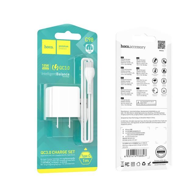 Bộ sạc nhanh 18w Hoco C98 kèm cáp usb ra type-c, cóc 1 cổng usb QC3.0 chính hãng [BH 1 năm]