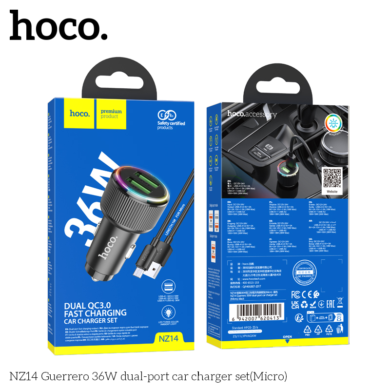 Cóc sạc nhanh 36W cho xe hơi Hoco NZ14 Micro (2 cổng USB) đèn LED chính hãng [BH 1 năm]