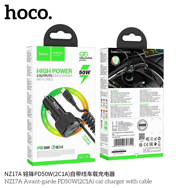 Cóc sạc/ tẩu sạc xe hơi Hoco NZ17A PD50W 2 CỔNG 1C1A kèm cáp lò xo Type c