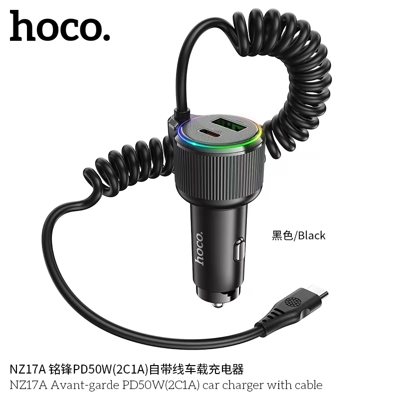 Cóc sạc/ tẩu sạc xe hơi Hoco NZ17A PD50W 2 CỔNG 1C1A kèm cáp lò xo Type c