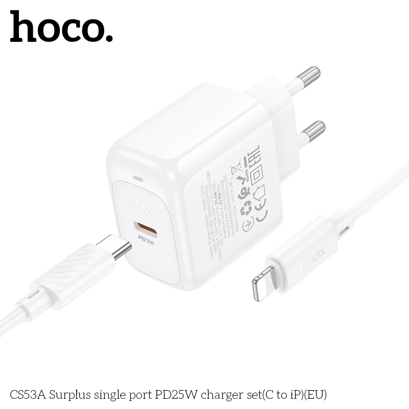 Bộ sạc nhanh 25w HOCO CS53A (C-L) (Cóc 1 cổng type-c PD) (Cáp type c ra iphone lightning) chính hãng [BH 1 năm]