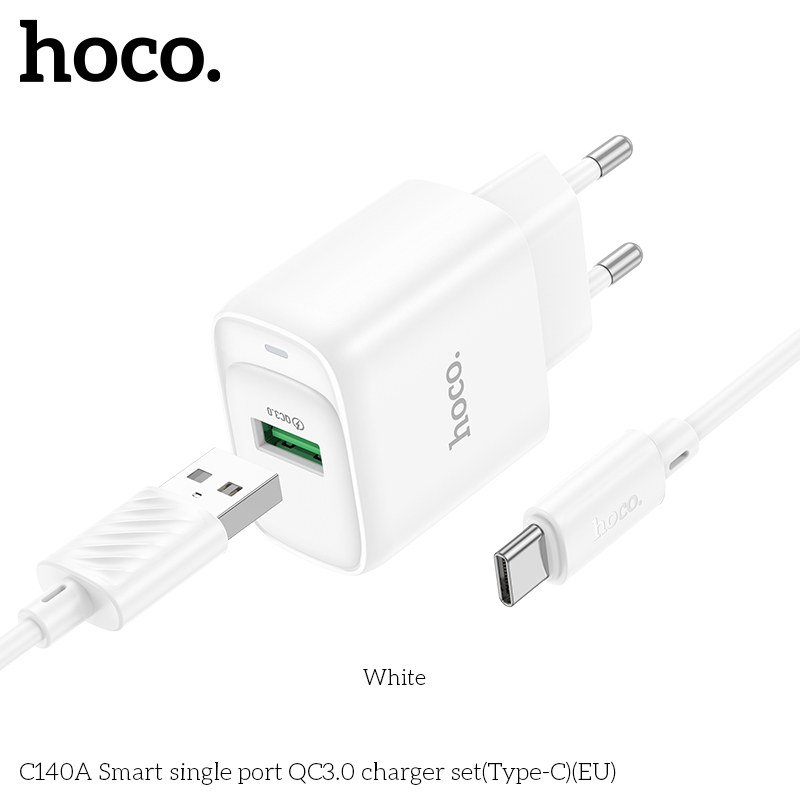 Bộ sạc nhanh 18w Hoco C140A Type C (Cóc 1 cổng USB QC3.0 + cáp usb ra Type c) chính hãng [BH: 1 NĂM]