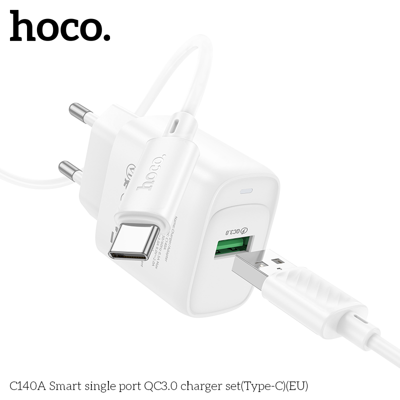 Bộ sạc nhanh 18w Hoco C140A Type C (Cóc 1 cổng USB QC3.0 + cáp usb ra Type c) chính hãng [BH: 1 NĂM]