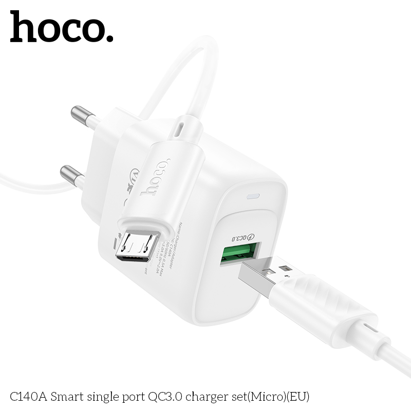 Bộ sạc nhanh 18w HOCO C140A Micro (Cóc 1 cổng USB QC3.0 + cáp usb ra Micro Samsung) chính hãng [BH: 1 NĂM]