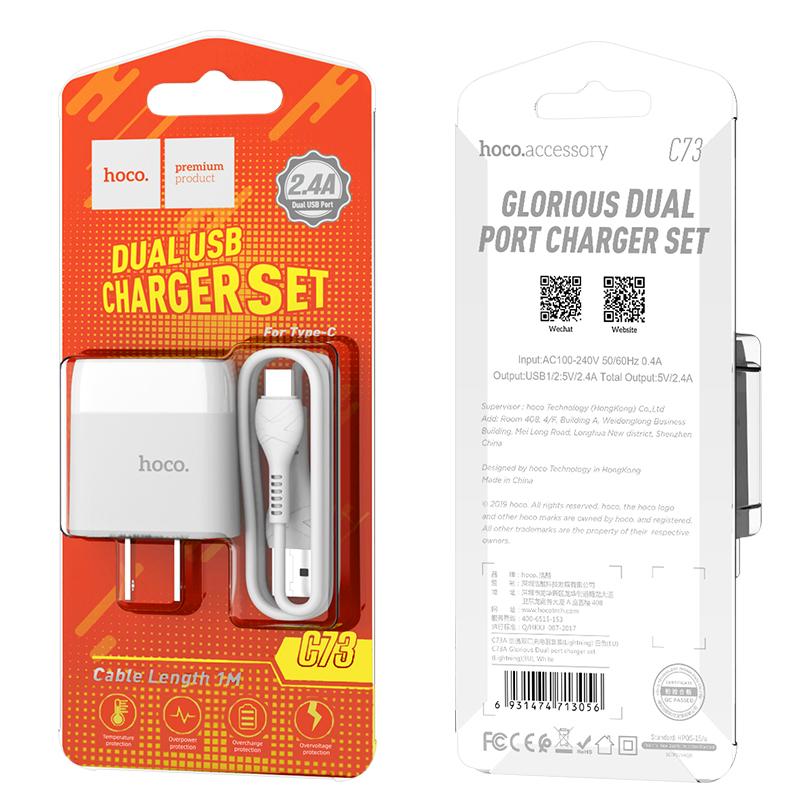 Bộ sạc nhanh HOCO C73 Type C (cóc 2 cổng usb) chính hãng [BH: 1 năm]