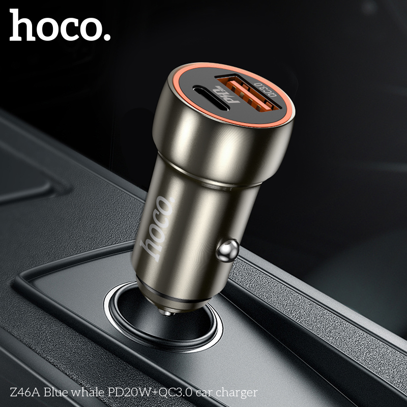 Cóc sạc nhanh xe hơi 20W HOCO Z46A (1 USB + 1 Type-C) Chính Hãng Cho Ô Tô [BH 1 năm]