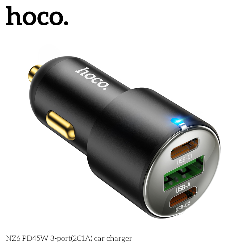 Cóc sạc nhanh xe hơi 45w HOCO NZ6 (1 cổng usb, 2 cổng type-c) chính hãng [BH 1 năm]