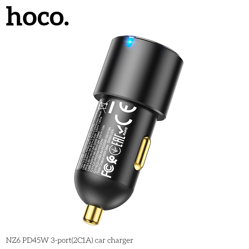 Cóc sạc nhanh xe hơi 45w HOCO NZ6 (1 cổng usb, 2 cổng type-c) chính hãng [BH 1 năm]