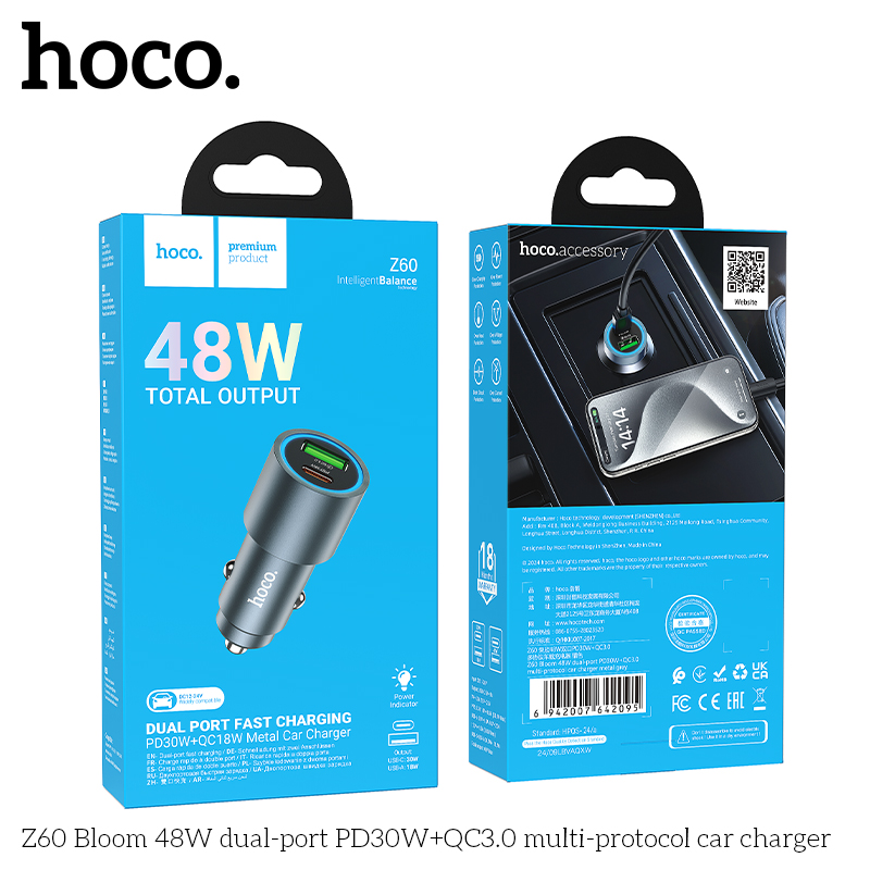 Tẩu sạc nhanh xe hơi oto HOCO Z60 sạc nhanh 48w 1 cổng usb 1 cổng Type C chính hãng [BH 1 Năm]