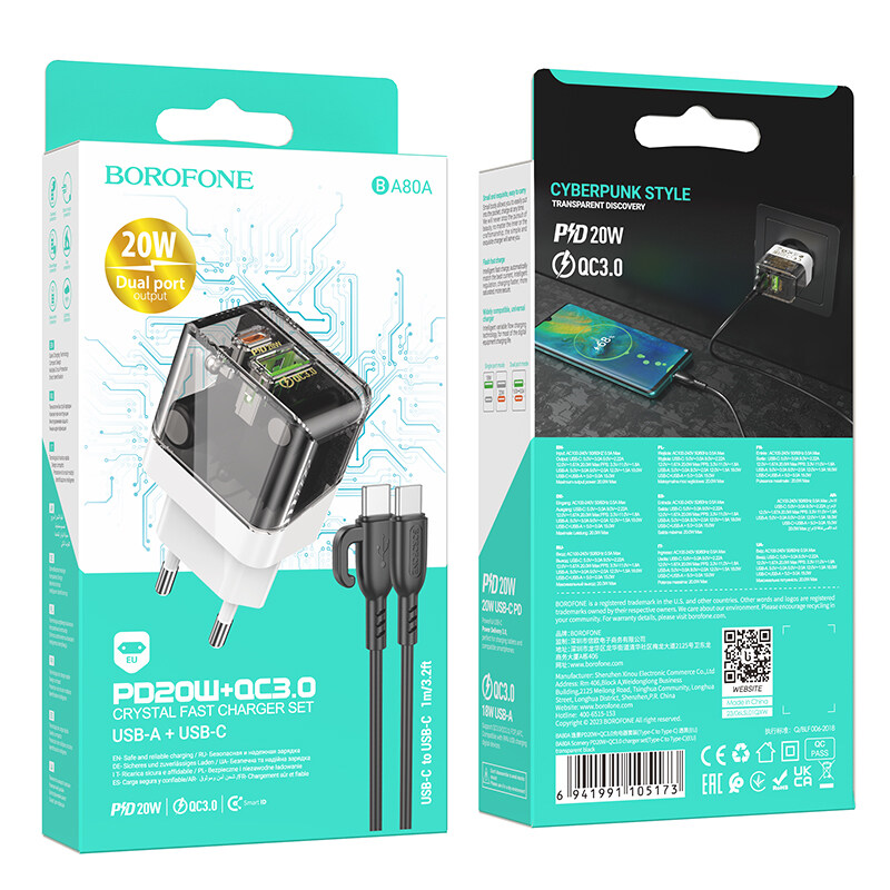 Bộ sạc nhanh 20w BOROFONE BA80A (c-c) (cáp 2 đầu type-c ra typec) (cóc 1 cổng type-c vs 1 cổng usb) PD QC3.0 chính hãng [BH 1 năm]