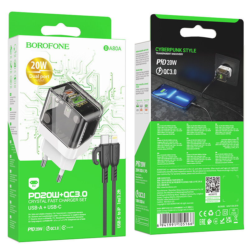 Bộ sạc nhanh 20w BOROFONE BA80A (c-l) (cáp type c ra iphone lightning) (cóc 1 cổng type-c vs 1 cổng usb) PD QC3.0 chính hãng [BH 1 năm]