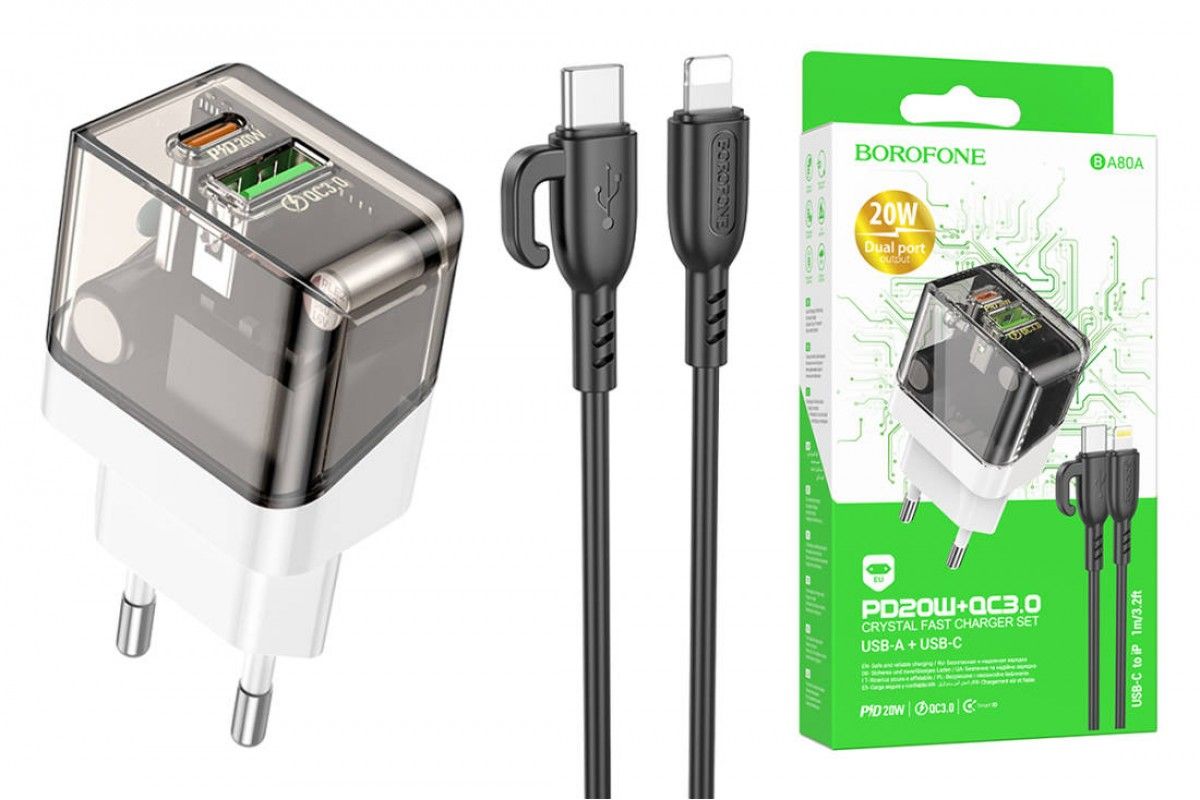 Bộ sạc nhanh 20w BOROFONE BA80A (c-l) (cáp type c ra iphone lightning) (cóc 1 cổng type-c vs 1 cổng usb) PD QC3.0 chính hãng [BH 1 năm]