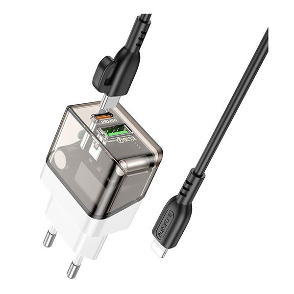 Bộ sạc nhanh 20w BOROFONE BA80A (c-l) (cáp type c ra iphone lightning) (cóc 1 cổng type-c vs 1 cổng usb) PD QC3.0 chính hãng [BH 1 năm]