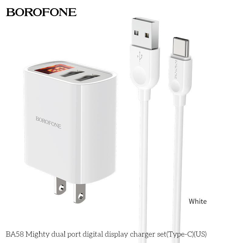Bộ sạc nhanh 2 usb Borofone BA58 kèm cáp Type C chính hãng, có màn hình LCD led hiển thị dòng [BH 1 năm]