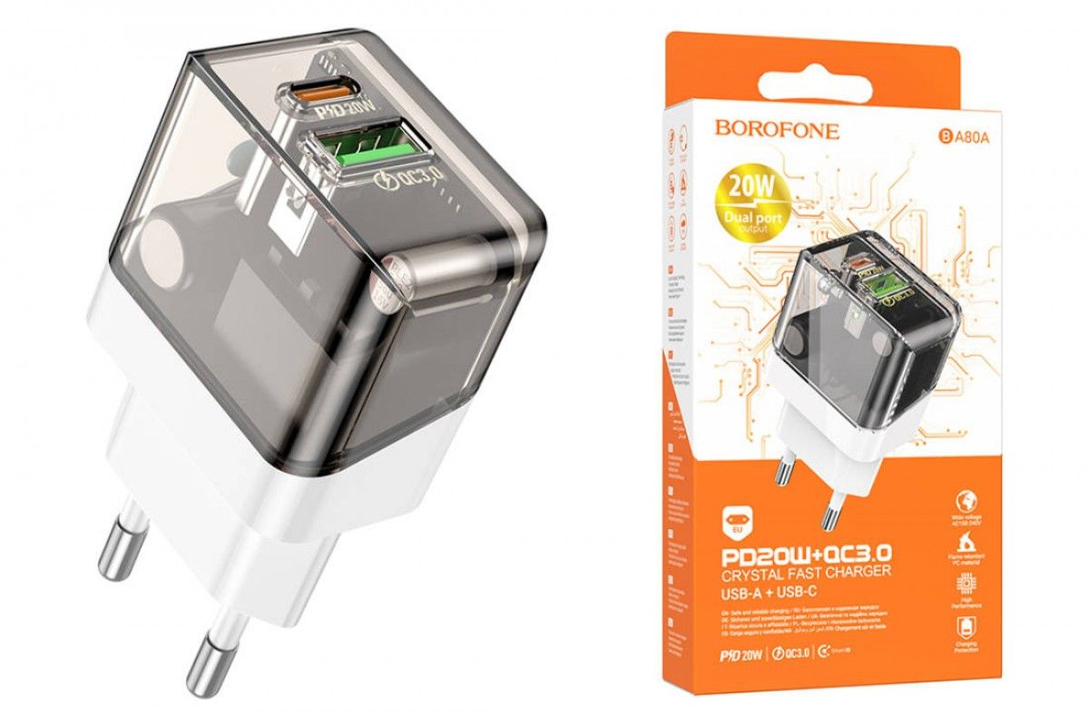 Cóc sạc nhanh 20w BOROFONE BA80A (1 cổng type-c vs 1 cổng usb) PD QC3.0 chính hãng [BH 1 năm]