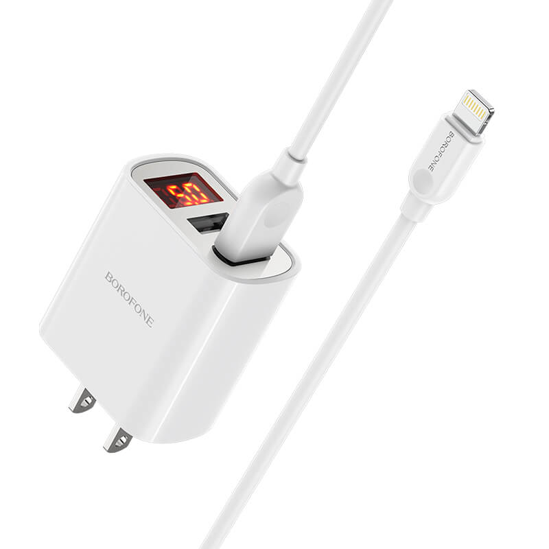 Bộ sạc nhanh 2 usb Borofone BA58 kèm cáp Type C chính hãng, có màn hình LCD led hiển thị dòng [BH 1 năm]