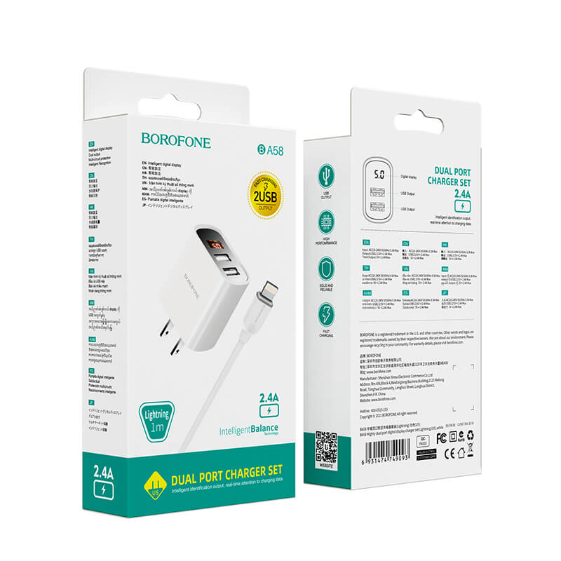 Bộ sạc nhanh 2 usb Borofone BA58 kèm cáp Type C chính hãng, có màn hình LCD led hiển thị dòng [BH 1 năm]