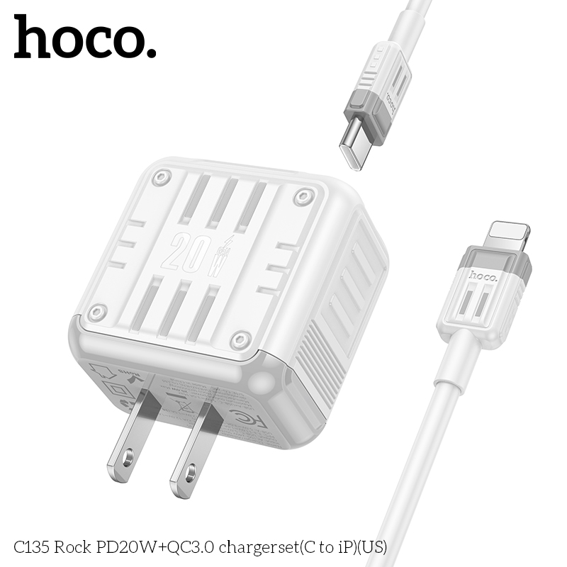 Bộ sạc nhanh 20w HOCO C135 Rock (C-L: cáp type c ra iphone lightning) (cóc 1C 1U: 1 cổng type-c PD vs 1 cổng usb QC3.0) chính hãng [BH 1 năm]