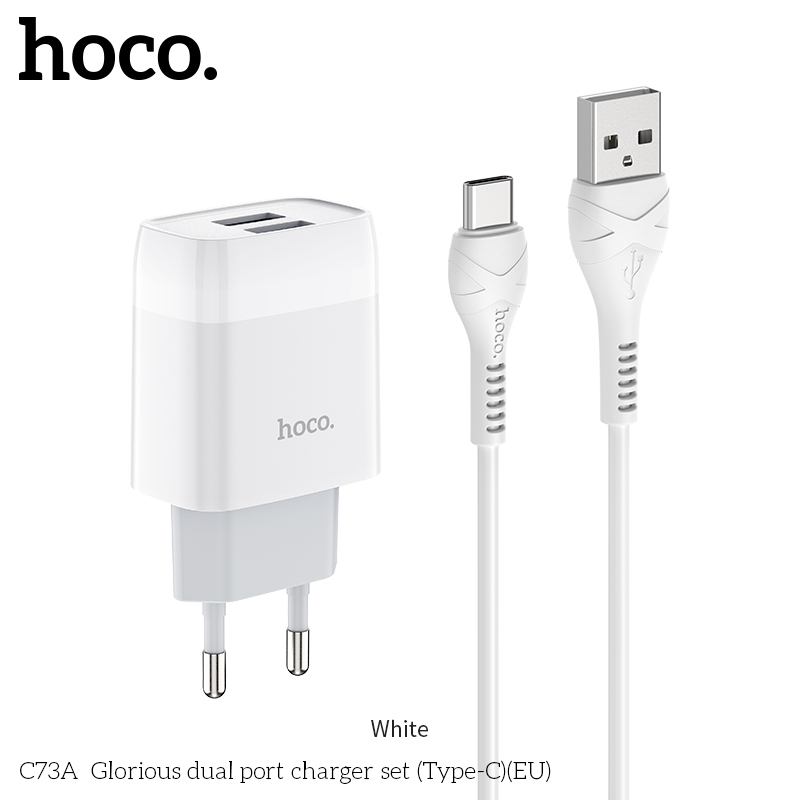 Bộ sạc nhanh HOCO C73A 2 cổng usb (cáp usb ra Type-C) 2.4A chính hãng [BH 1 năm]