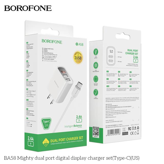 Bộ sạc nhanh 2 usb Borofone BA58 kèm cáp Type C chính hãng, có màn hình LCD led hiển thị dòng [BH 1 năm]