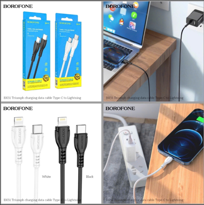 Cáp sạc nhanh 12w BOROFONE BX51 Type C ra Iphone (C-L) chính hãng