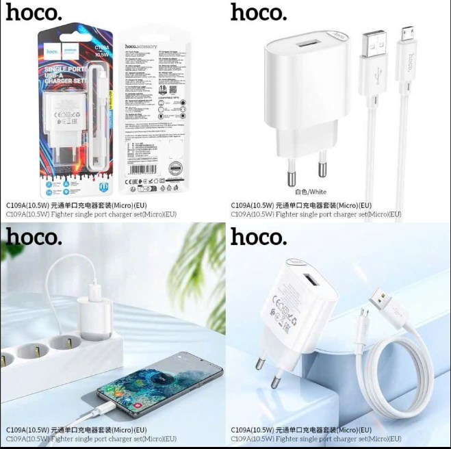 Bộ sạc HOCO C109A (10.5w) cóc 1 cổng USB kèm cáp Micro mẫu mới [BH 1 Năm]