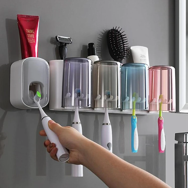 Bộ dụng cụ lấy kem đánh răng 5504-4 LOẠI RẺ NHỰA THƯỜNG 2in1 kèm 4 cốc kiêm kệ đựng bàn chải, lược, đồ dùng cá nhân loại xịn [BH: NONE]