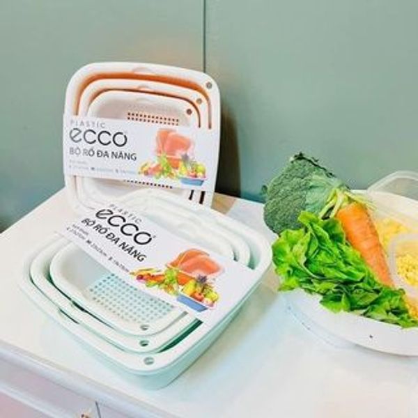 Bộ 3 thau kèm 3 rổ nhựa EC đựng thực phẩm, đựng rau củ 3 size 27x27 cm 23x23cm 19x19cm