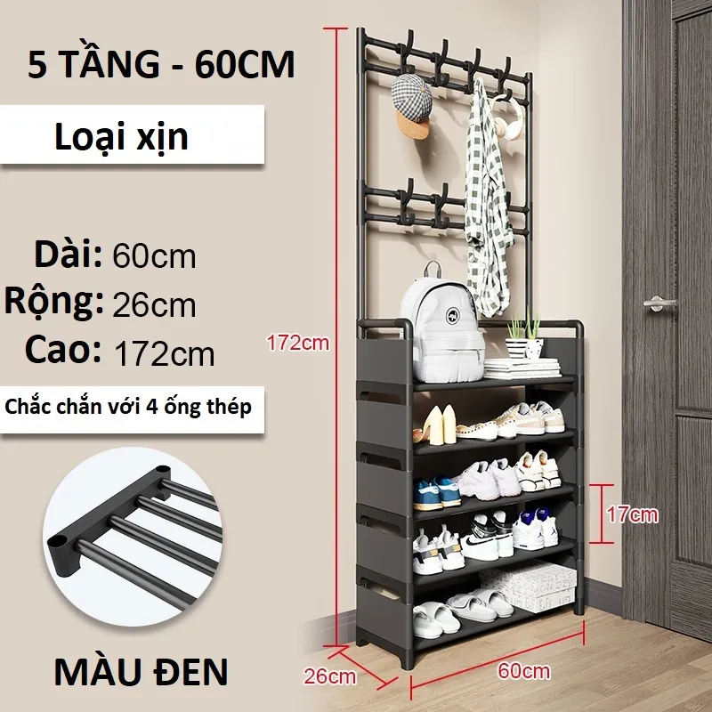 Kệ giày dép 4 tầng FLOOR COAT RACK kết hợp khung treo quần áo, túi xác, móc chìa khoá [BH: NONE]