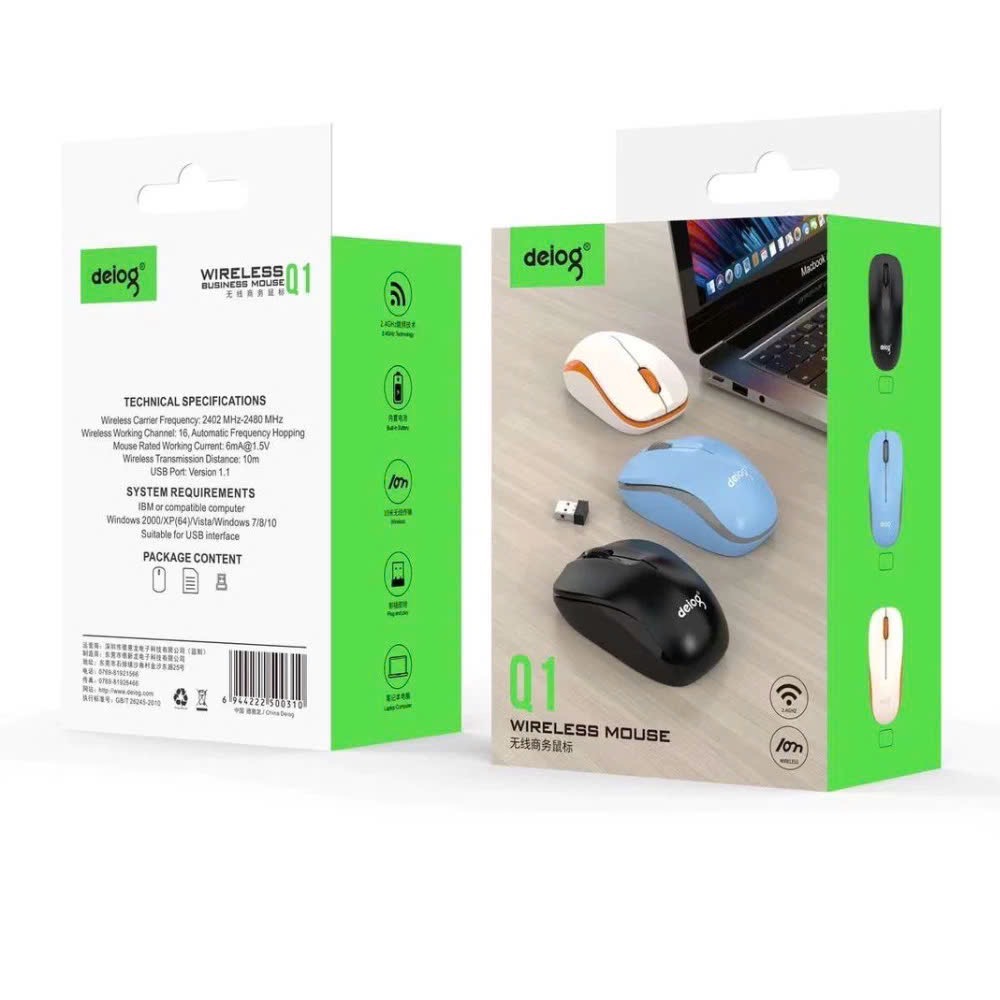 Chuột không dây MÀU TRẮNG/ XANH DEIOG Q1 3 nút silent chống ồn chính hãng [BH 1 năm]
