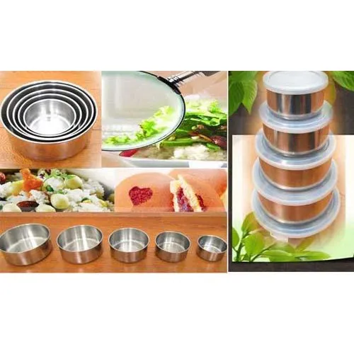 Bộ 5 tô, thố inox có nắp nhựa đậy đựng thức ăn, bảo quản thức ăn 5 size 10,12,14,16,18