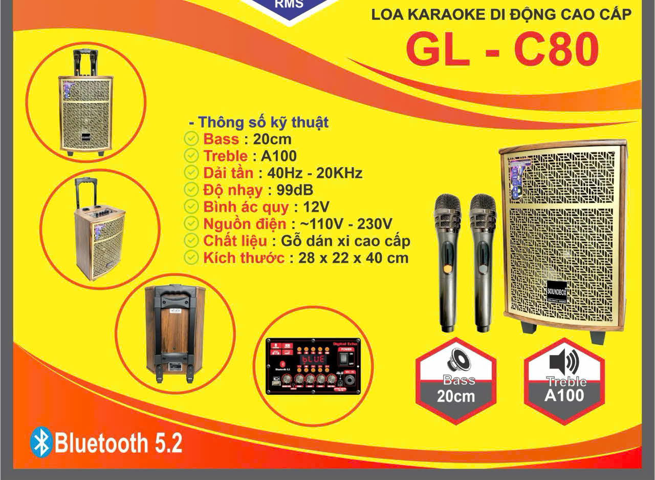 Loa kéo bluetooth Karaoke SoudBox GL-C80 gỗ dán si cao cấp kèm 2 micro siêu hay