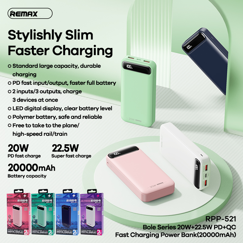 Pin sạc nhanh 22.5w REMAX RPP-521 20.000mAh PD QC3.0 dự phòng chính hãng [BH 1 năm]