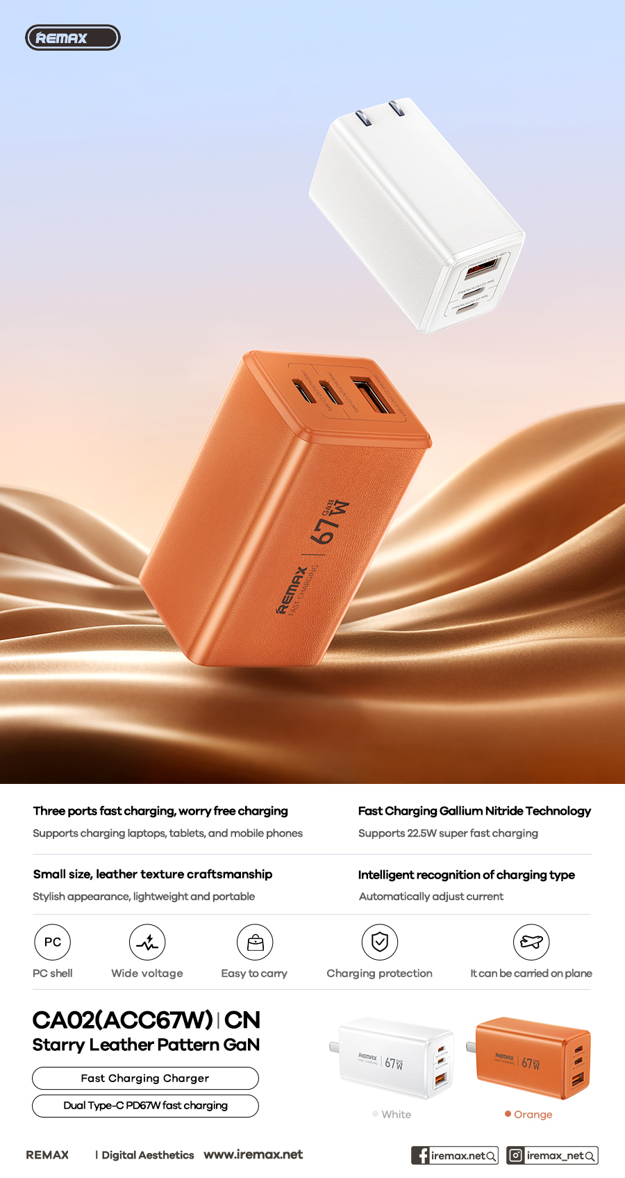 Cóc sạc nhanh REMAX CA02-ACC67W sạc nhanh 67w cóc 2 cổng Type C 1 cổng Usb siêu tiện lợi [BH 1 năm]