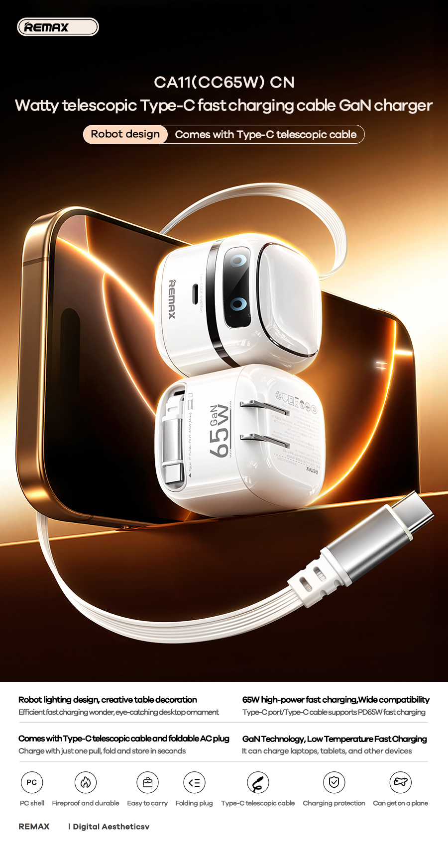 Cóc sạc nhanh 65W REMAX CA11-CC65w CN cóc 1 cổng Type C mẫu ROBOT kèm 1 cáp Type C rút gọn siêu tiện lợi