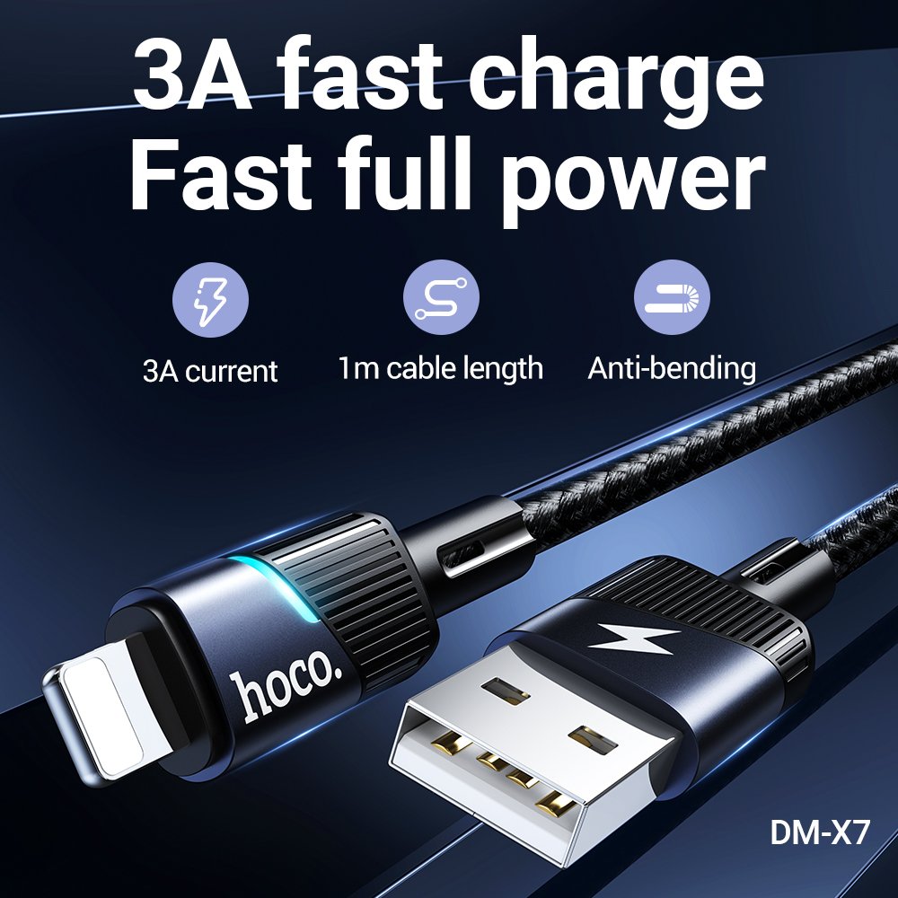 Cáp sạc nhanh 3A HOCO DM-X7 usb ra Iphone dây dù kèm đèn led siêu đẹp chính hãng [BH 1 Năm]