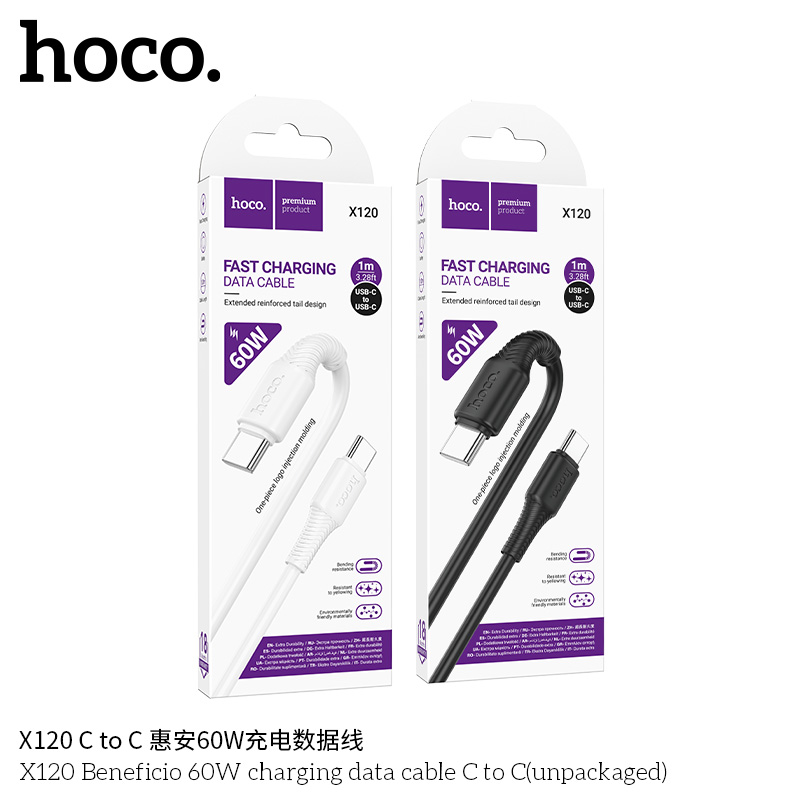 Cáp sạc nhanh 60w HOCO X120 2 đầu type c (Type C ra Type C; c-c) chính hãng