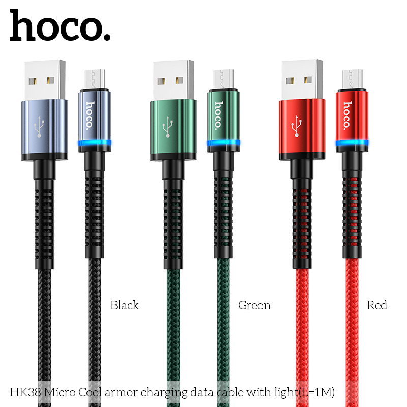 Cáp sạc nhanh 3A 1m HOCO HK38 (usb ra samsung micro) có đèn led báo sạc dây dù chính hãng [BH 1 năm]
