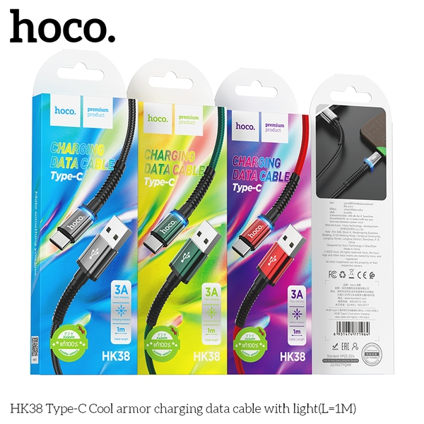 Cáp sạc nhanh 3A 1m HOCO HK38 (usb ra type-c) có đèn led báo sạc dây dù chính hãng [BH 1 năm]