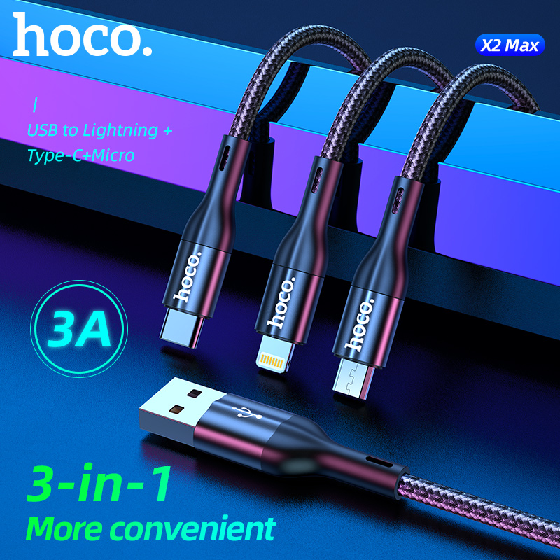 Cáp sạc nhanh 3A 3 đầu HOCO X2 Max 3in1 1m đa năng (usb ra micro, iphone lightning, type-c) chính hãng [BH 1 năm]