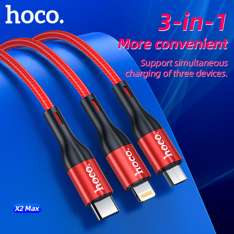 Cáp sạc nhanh 3A 3 đầu HOCO X2 Max 3in1 1m đa năng (usb ra micro, iphone lightning, type-c) chính hãng [BH 1 năm]