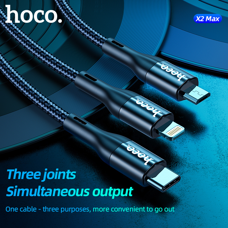 Cáp sạc nhanh 3A 3 đầu HOCO X2 Max 3in1 1m đa năng (usb ra micro, iphone lightning, type-c) chính hãng [BH 1 năm]