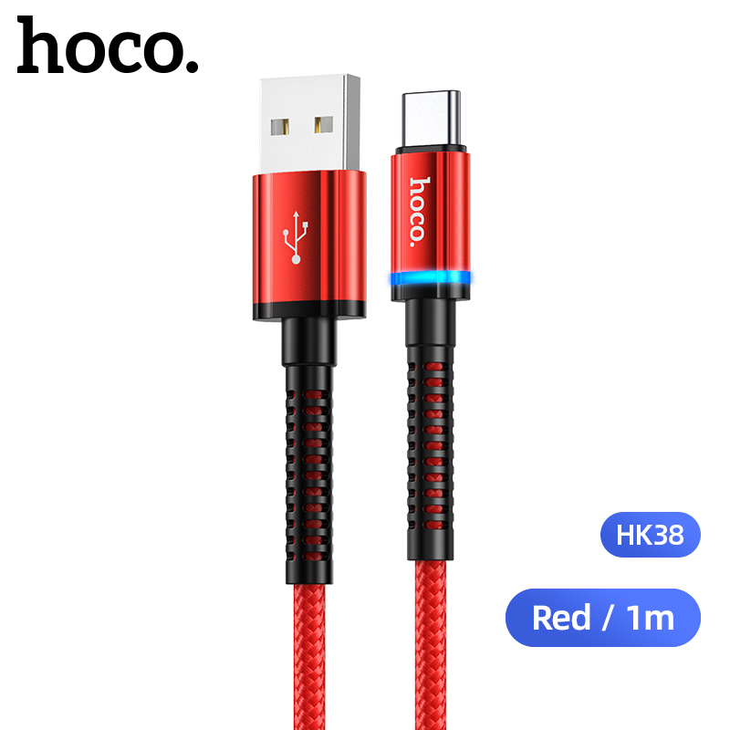 Cáp sạc nhanh 3A 1m HOCO HK38 (usb ra type-c) có đèn led báo sạc dây dù chính hãng [BH 1 năm]
