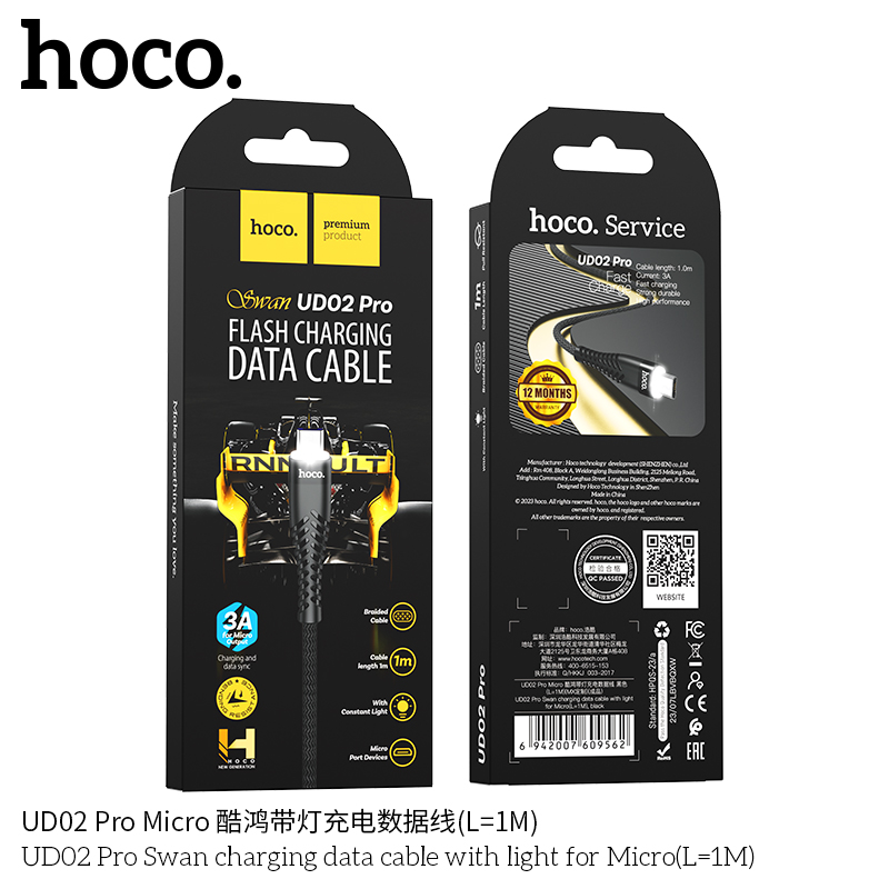 Cáp sạc 3A HOCO UD02 PRO Micro (usbA ra Micro; a-m) có báo đèn dây dù