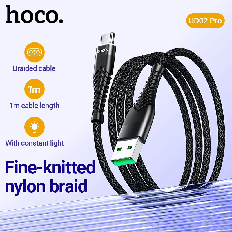 Cáp sạc nhanh 3A HOCO UD02Pro (có đèn led) usb ra type-c 1M chính hãng [BH 1 năm]