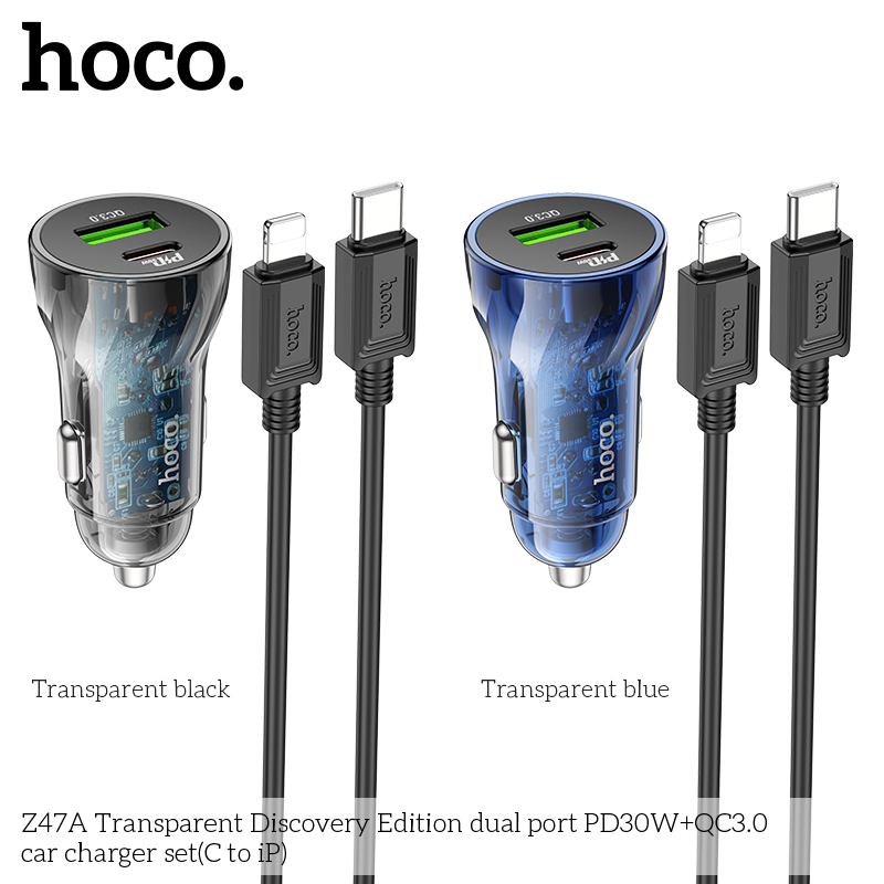Cóc sạc nhanh 30w xe hơi HOCO Z47A (bộ c-l) kèm cáp sạc Type-c ra Lightning c-l chính hãng [BH 1 Năm]