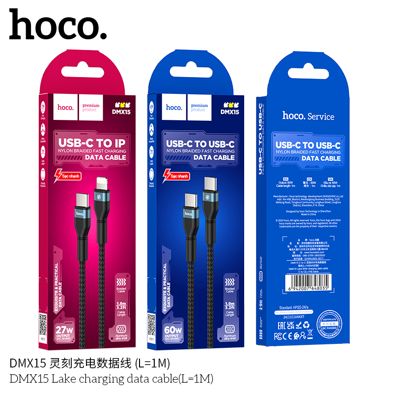 Cáp sạc nhanh 60W HOCO DMX15 (C-C) 2 đầu type-c ra typec dài 1m chính hãng [BH 1 Năm]
