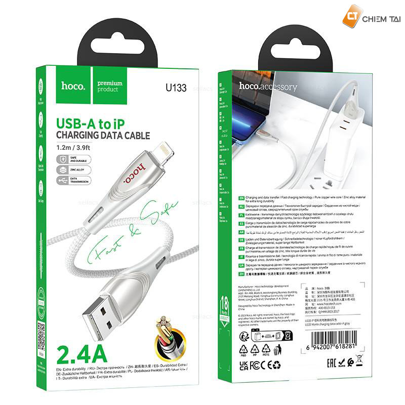 Cáp sạc nhanh 2.4A dây dù Hoco U133 usb ra Iphone chính hãng [BH 1 Năm]