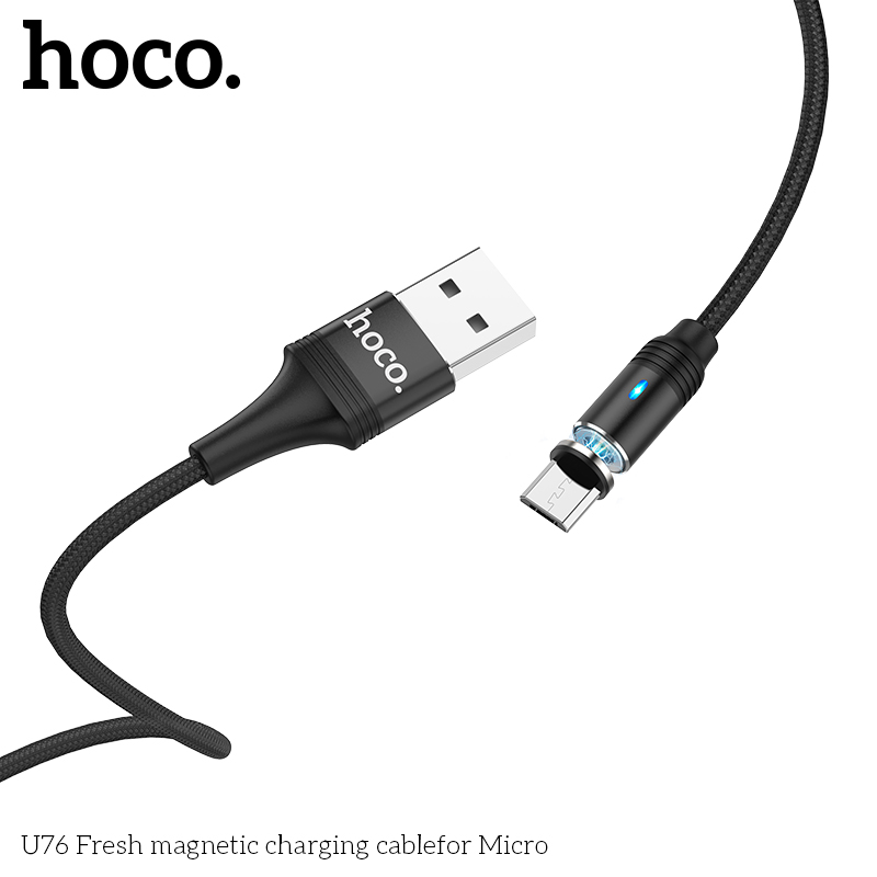 Cáp sạc từ 2.4A Hoco U76 Micro 1.2M (usbA ra Micro; a-m) loại từ hít nam châm, tự ngắt khi sạc đầy pin hàng chính hãng [BH 1 năm]